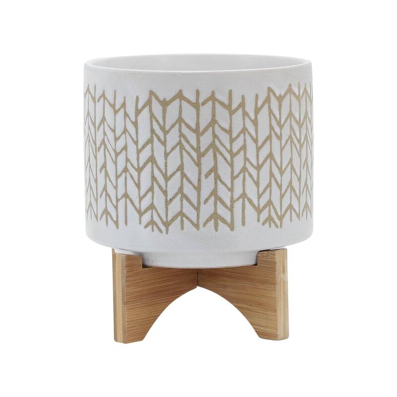 8" Planter with Wood Stand, Beige