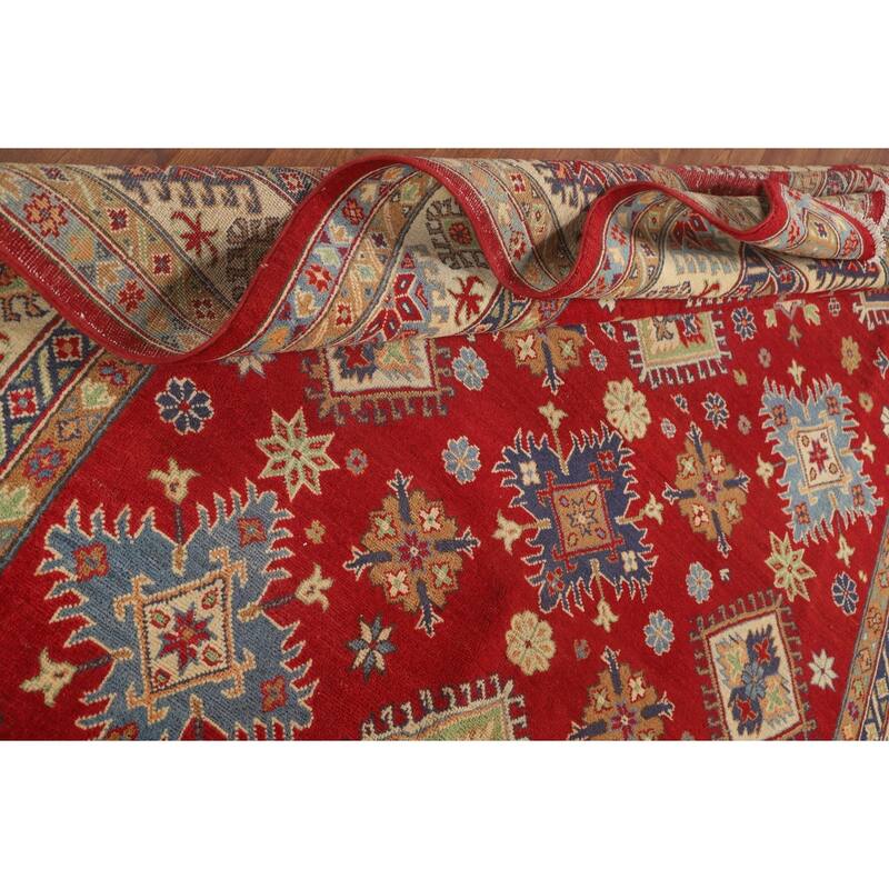 Red Geometric Kazak Area Rug Hand-Knotted Bedroom Wool Carpet - 6'2" x 10'2"