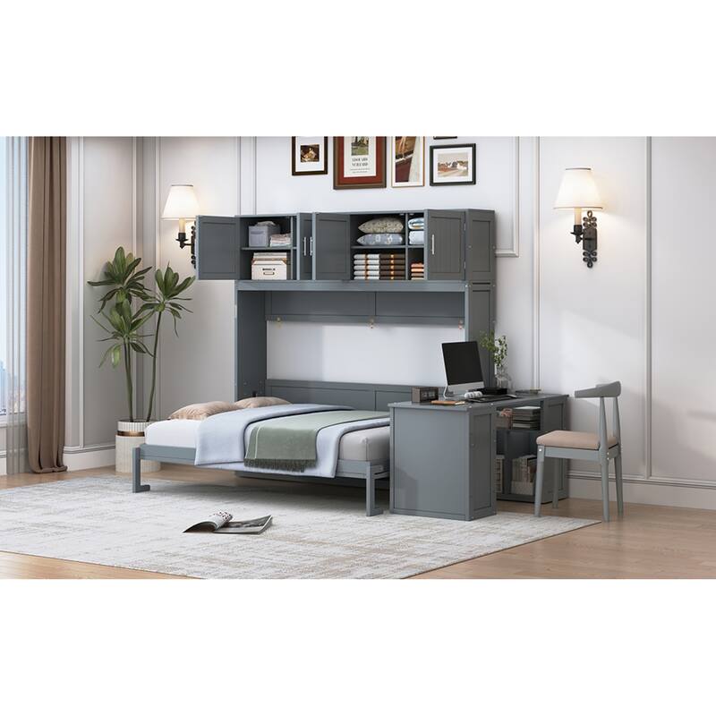 Roomfitters Queen Murphy Bed with Adjustable Desk and Two Large Storage Cabinets, Wall Mounted Space Saving Sleeper