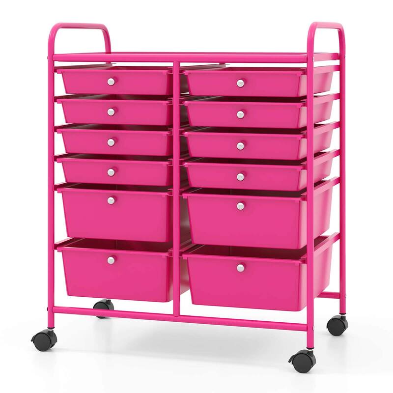 Gymax 12-Drawer Rolling Storage Cart w/ 2 Sizes Plastic Drawers Hot - Pink - Metal Finish