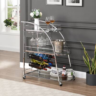 Mobile Bar Cart Serving Wine Cart with Wheels, 3-tier Metal Frame