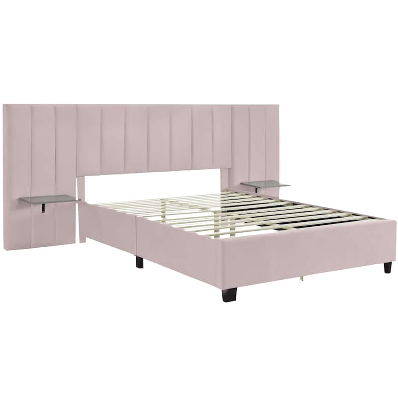 HomeRoots Pink Tufted Velvet Upholstered Lighted Queen Bed Frame