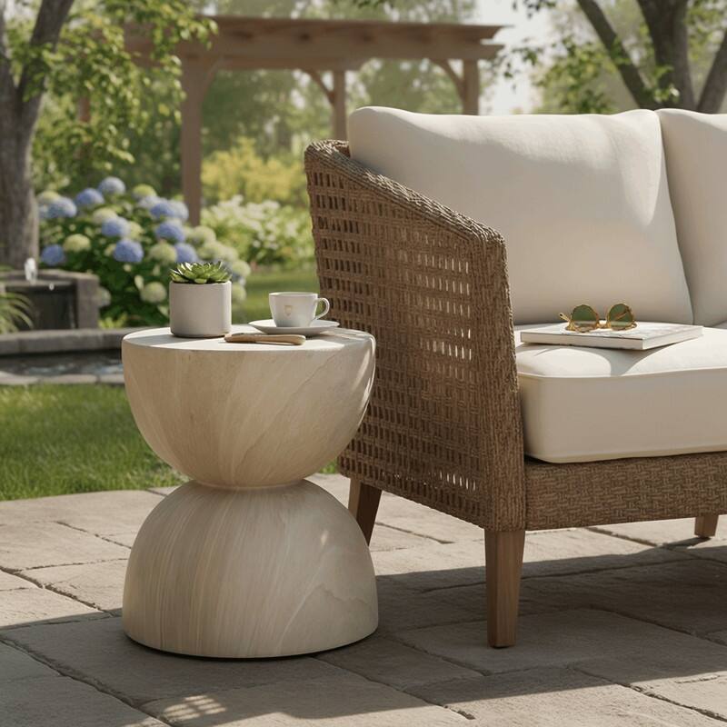 Sage 16-Inch Round Side Table in Fiberstone for Indoor and Outdoor Modern Weather Resistant End Table Hourglass Design