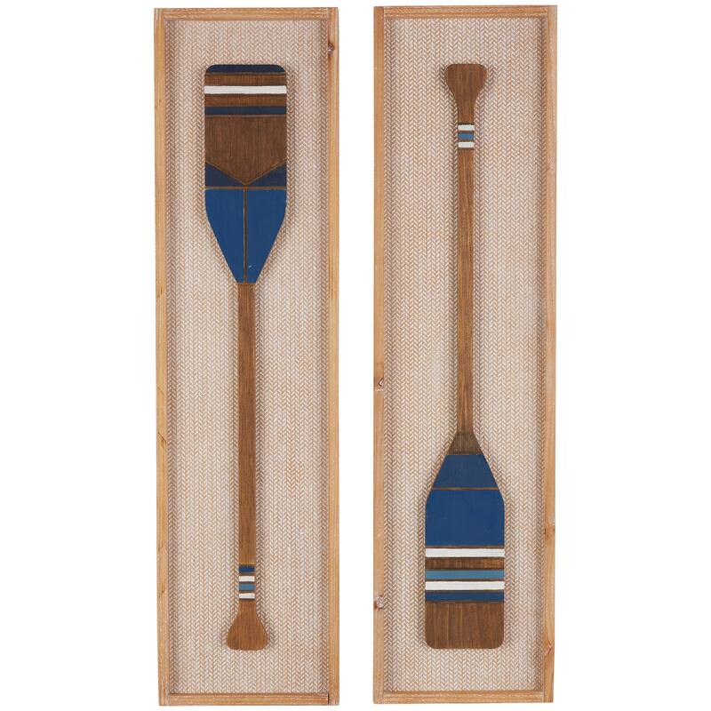 Brown Wood Paddle Home Wall Decor with Blue Accents and Chevron Patterned Background (Set of 2)