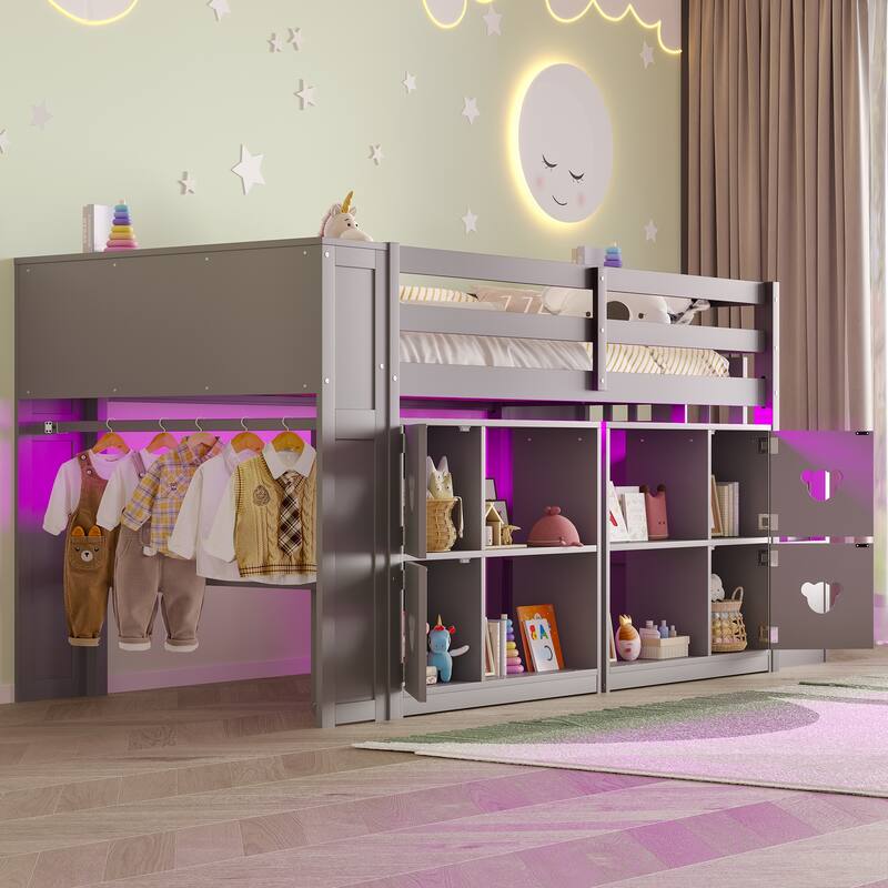 Grey Twin Size Low Loft Bed with Shelves, Storage Headboard, and Stairs