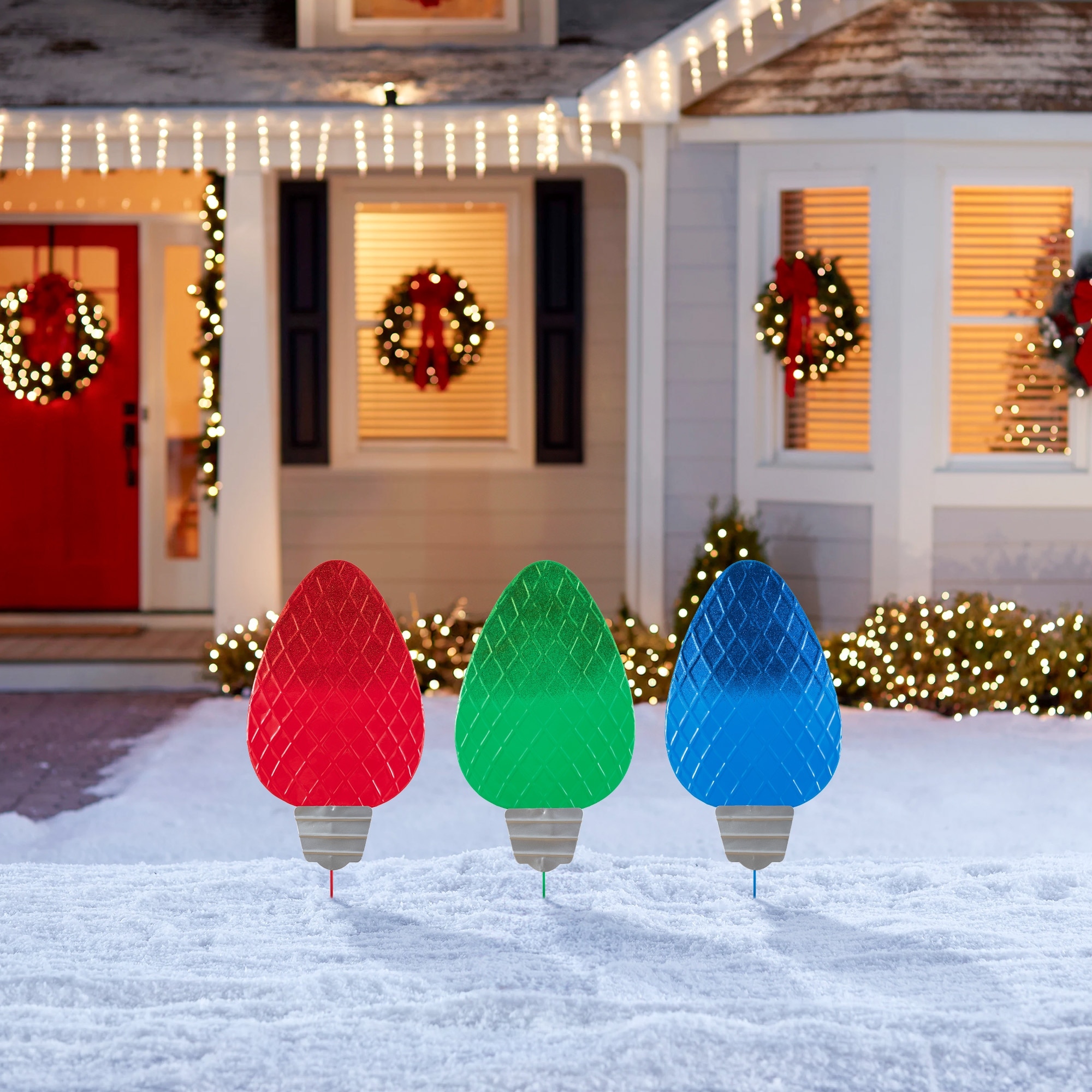 Glitzhome 23.5"H Set of 3 Christmas Metal Red/Green/Blue Bulbs Yard Stake