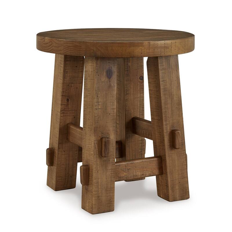 Ack Round Side End Table, Sturdy Block Legs, 24 Inch Brown Pine Solids