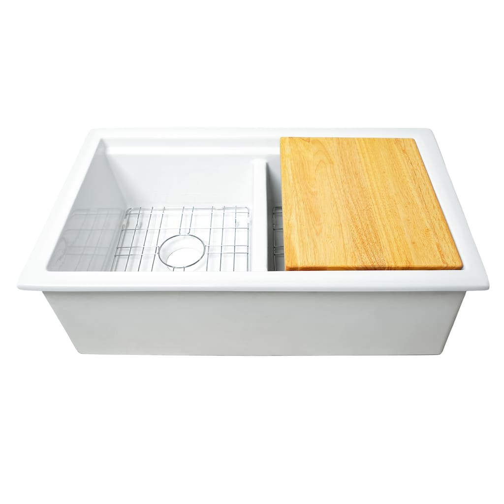 Eden Crisp White Fireclay 32" Double Bowl Undermount Workstation Kitchen Sink
