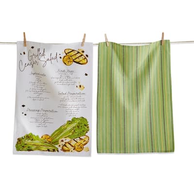 Set of 2 Caesar Salad Recipe Green Pinpoint Stripe Cotton Kitchen Dishtowels 26L x 18W in.