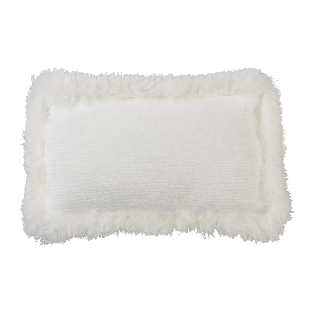 Cozy and Stylish Linen Poly Filled Throw Pillow with Plush Lamb Border