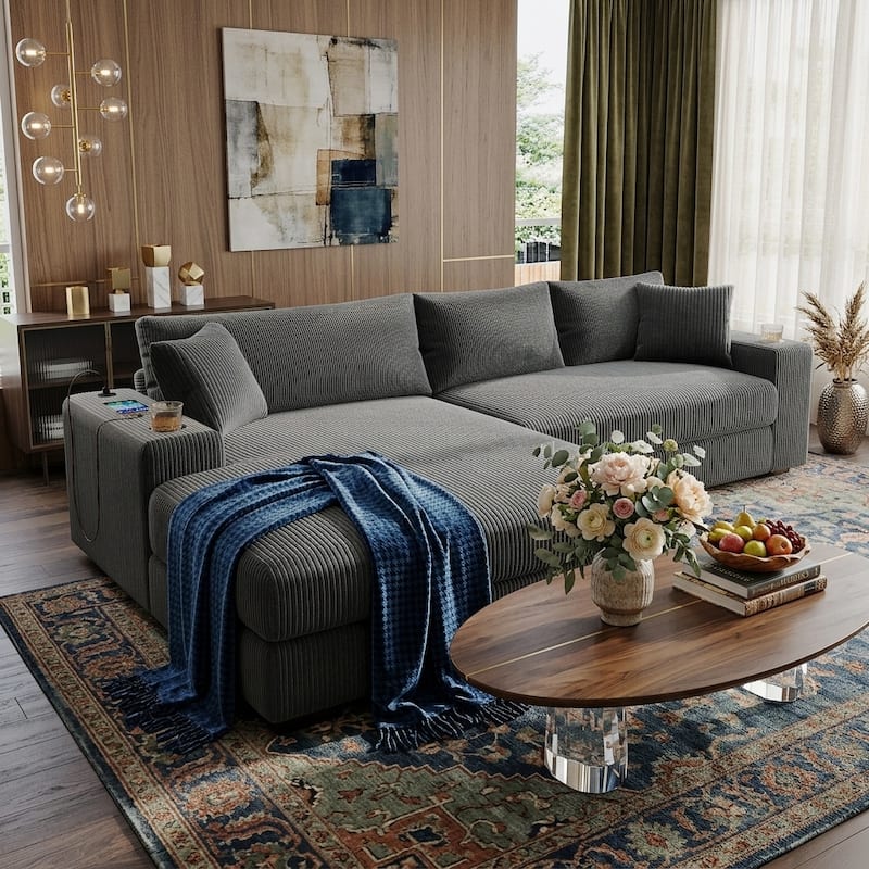 Luxurious Large Sectional Sofa with Thick Cushions, Lounge, Built-in Cup Holders & Charging Ports - Grey