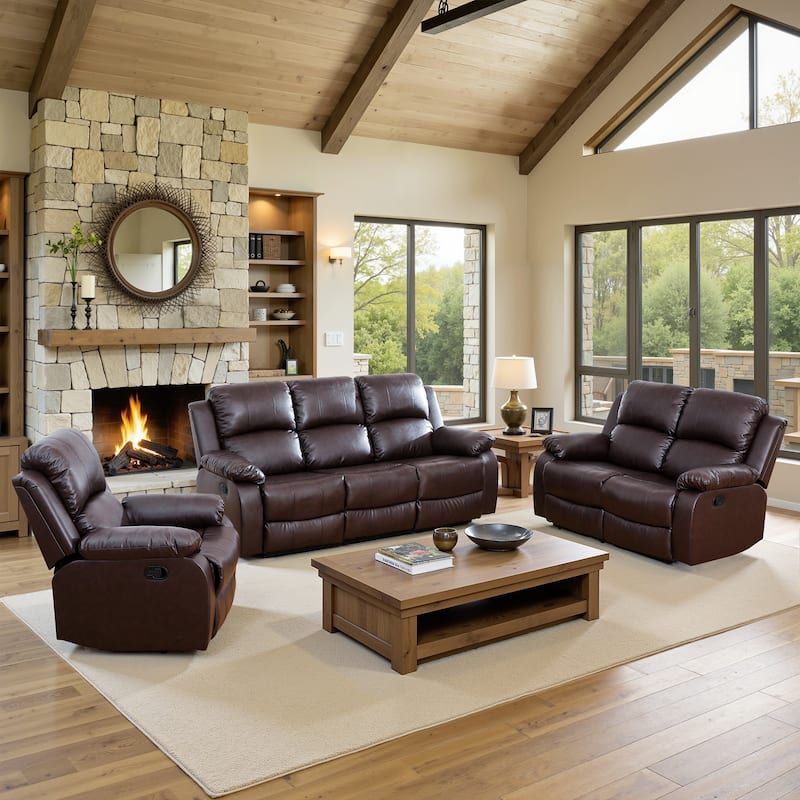 3-Piece Semi PU And PVC Couch Living Room Sofa Set - Brown