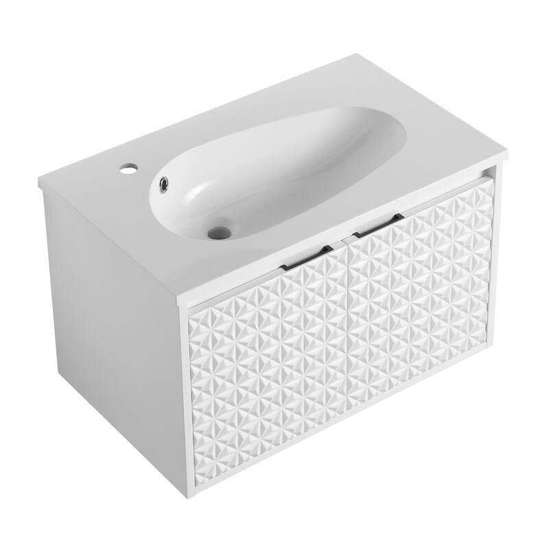 White Double-Door Wall-Mounted Vanity with Drop-Shaped Resin Sink, Soft-Close Hinges, and Hidden Metal Handles