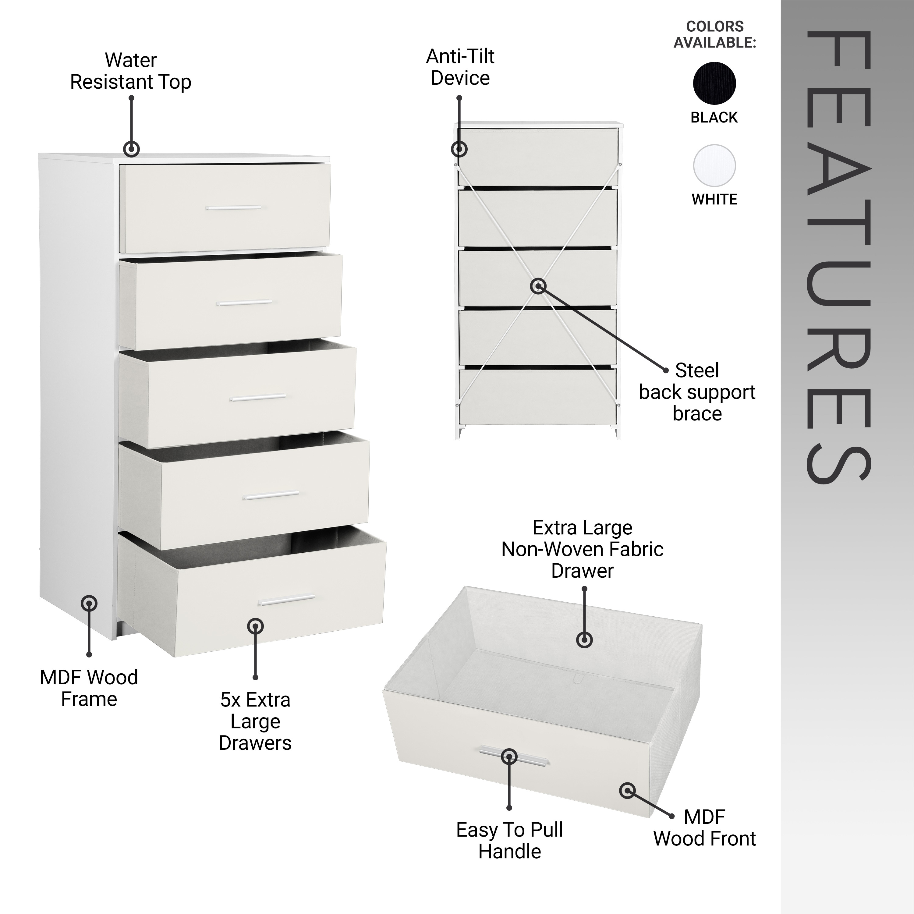 Modern Minimalist 5-Drawer Dresser with Large Fabric Drawers