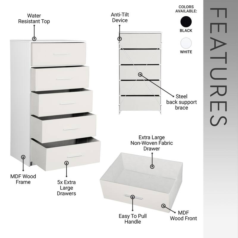 Modern Minimalist 5-Drawer Dresser with Large Fabric Drawers - White