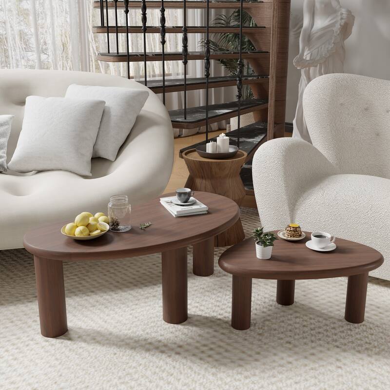 Modern Nested Coffee Tables Set 2-Piece Irregular Shaped Solid Wood Accent Tables for Home Office Living Room - Walnut