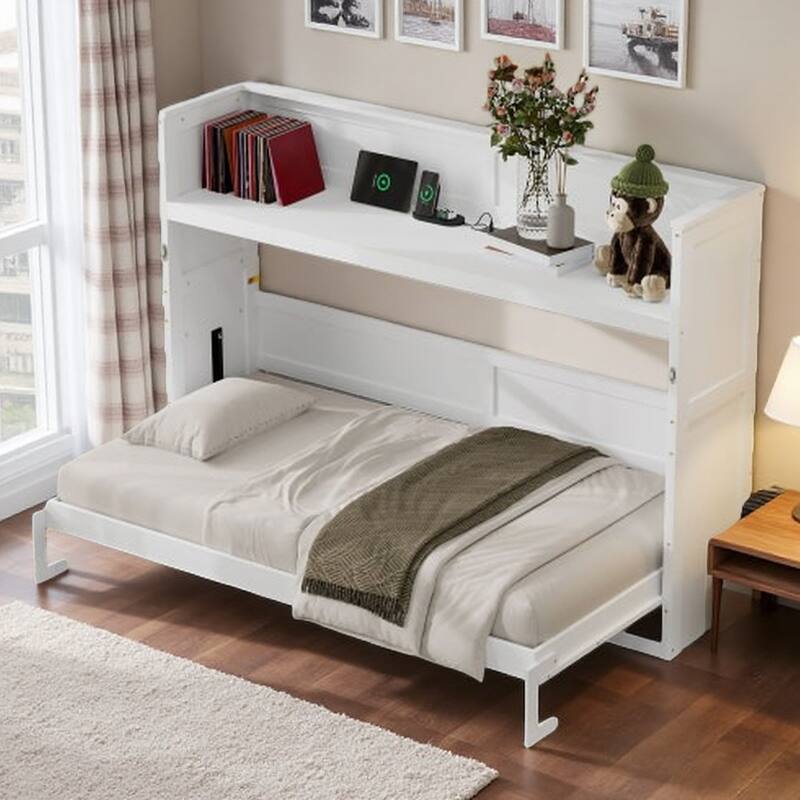 Twin XL Wall Bed with Built-In Desk, LED Lighting & USB Power Outlets, Space-Saving Foldable Frame with Mattress Storage