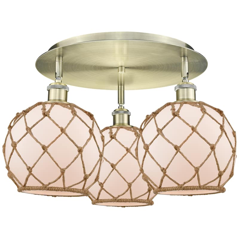 Innovations Lighting 516-3C-12-20 Farmhouse Rope Semi-Flush Farmhouse - Antique Brass / White Glass with Brown Rope