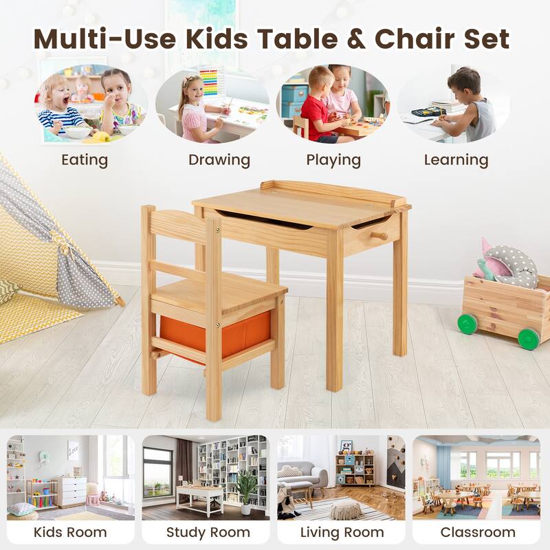 Gymax Kids Table and Chair Set Wood Activity Study Desk w/ Storage