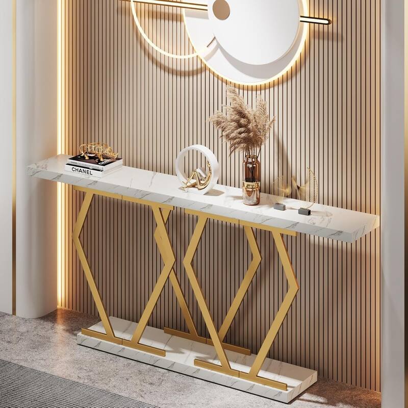 70.9 Inch Extra Long Sofa Console Table Faux Marble Tabletop Metal Frame Modern Style for Living Room/Entryway/Hallway