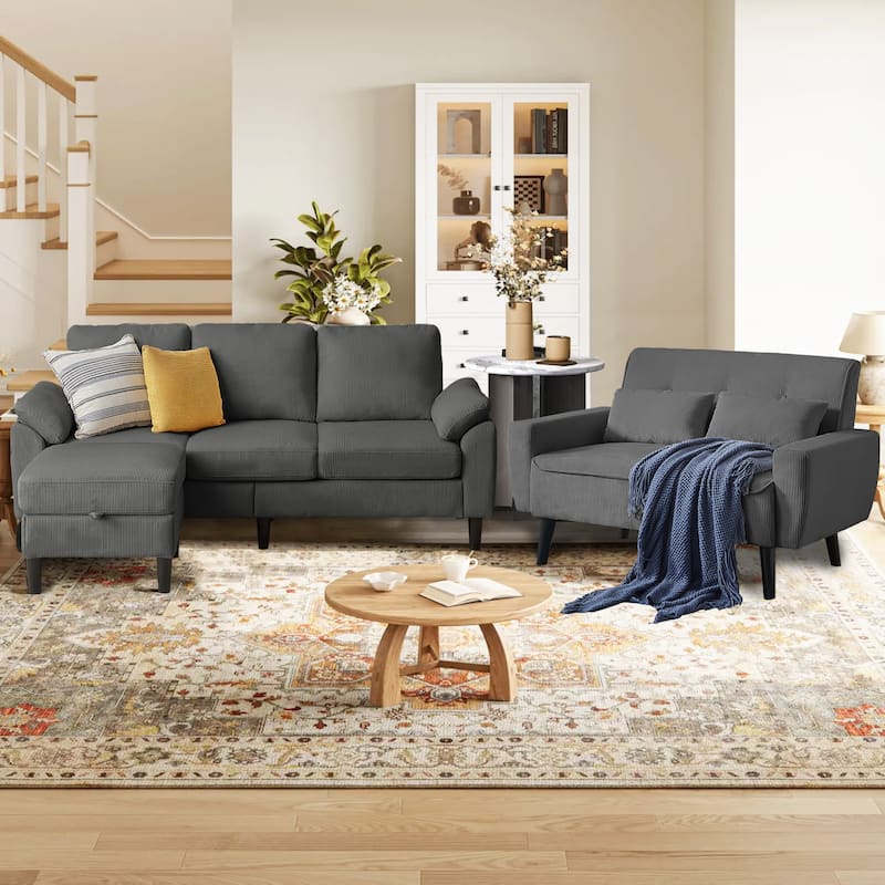 3 Piece Corduroy Living Room Sets including Sofa,Storage Ottoman and Loveseat - Dark Grey