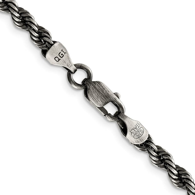 Curata 925 Sterling Silver Twisted Ruthenium plating Fancy Lobster Closure Ruthenium 4mm Rope Chain Necklace