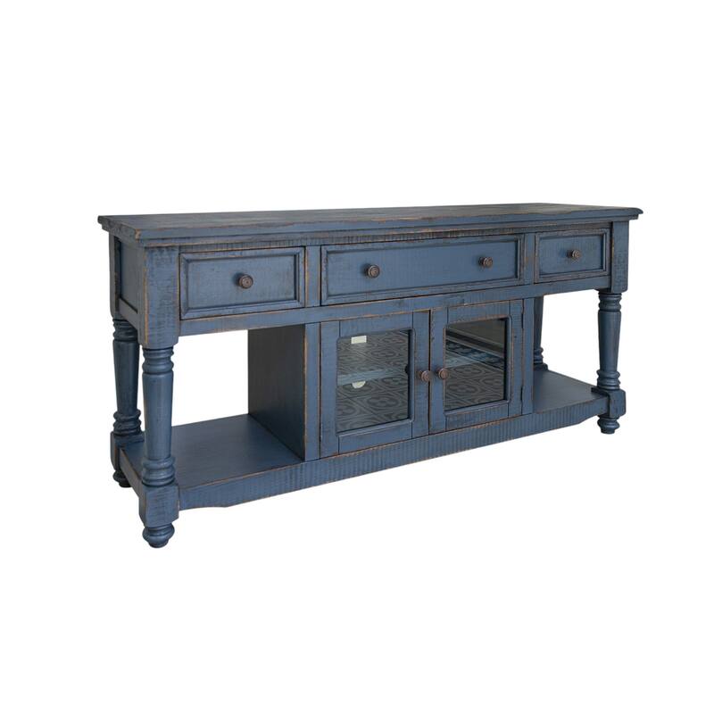 HomeRoots 70" Blue Mango Solid Wood Open shelving Distressed TV Stand - 70' X '34.75' X '19