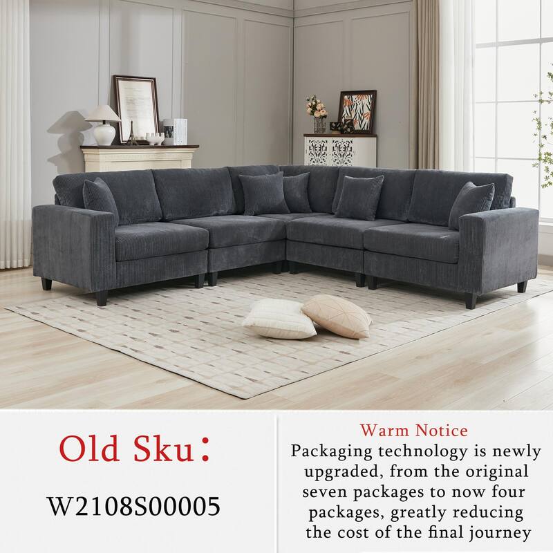 Oversized Modular Sectional Sofa Set, L Shaped, Corduroy Upholstered, 5 Seat, Gray