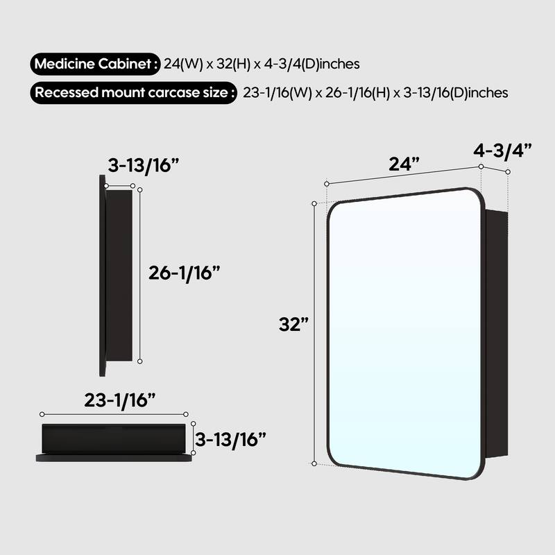 Recessed or Surface Wall Mount Bathroom Mirror Medicine Cabinet With Adjustable Glass Shelves