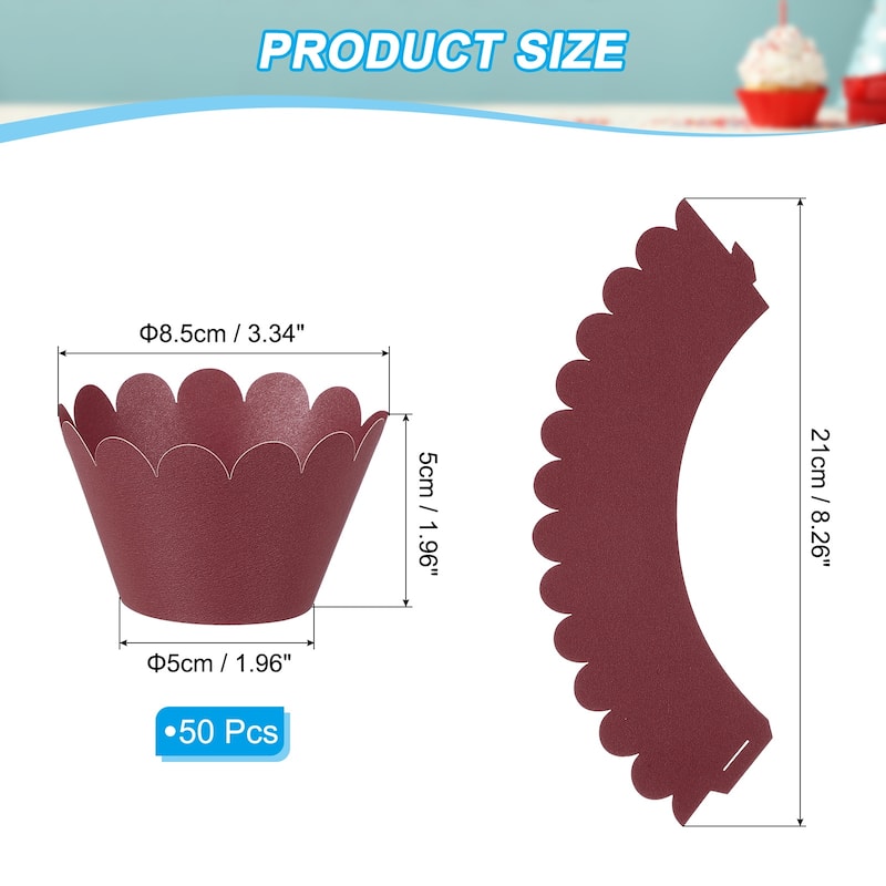 Cupcake Wrappers Paper, 50 Pack Baking Cups Standard Wave Decor - Dark Red