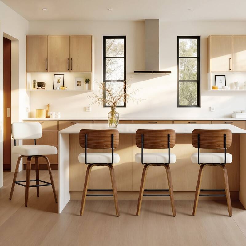 Spruce & Spring 26" Swivel Bar Stool with Bentwood Back or PE Rattan Back - Set of 4 - Ivory-Padded Back