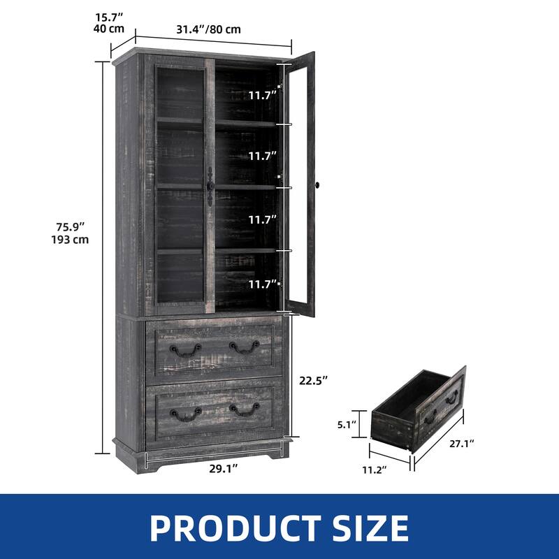 Moasis 76" Tall Kitchen Pantry Cabinet with Glass Doors And 2 Large Drawers