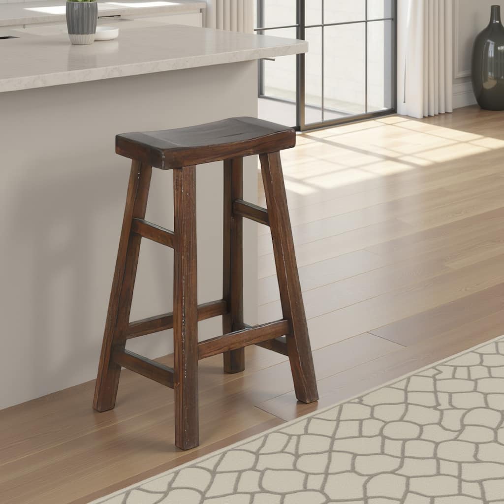 Odel Barstool Set of 2, Saddle Seat, Dark Brown Mahogany Wood, 30 Inch