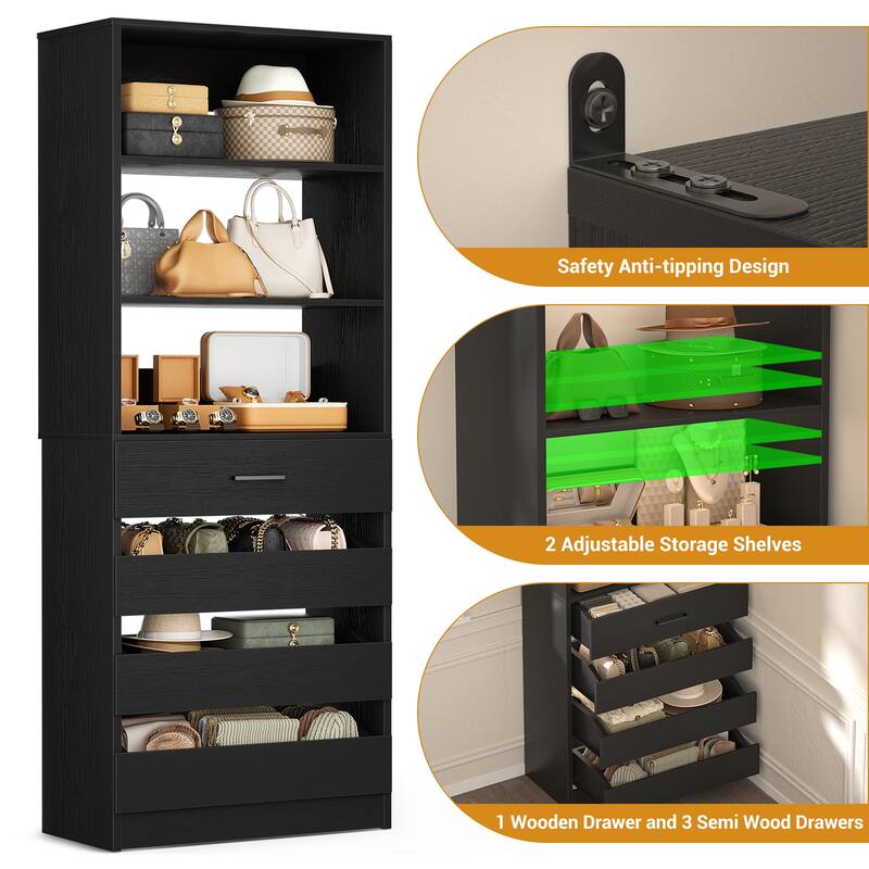 21.3" Storage Cabinet Bookshelf with Charging Station and 3 Wood Drawers, Freestanding Closet System with Storage Shelves