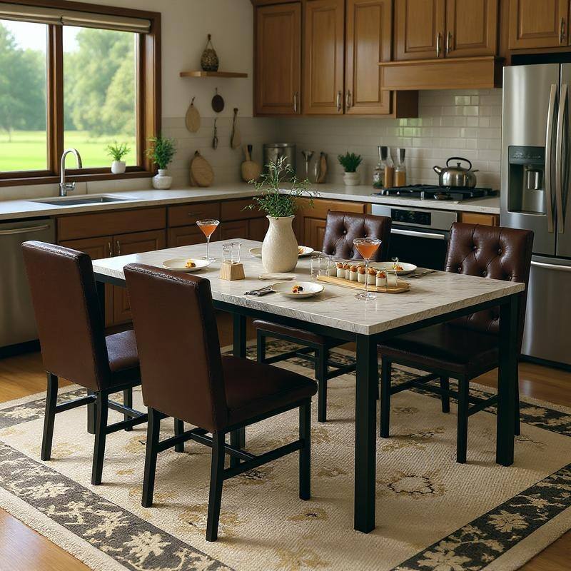 Grondin 5-Piece Dininng Room Table Set with 4 Upholstered Dining Chairs, Faux Marble Top And Metal Frame Dining Table Set Of 5