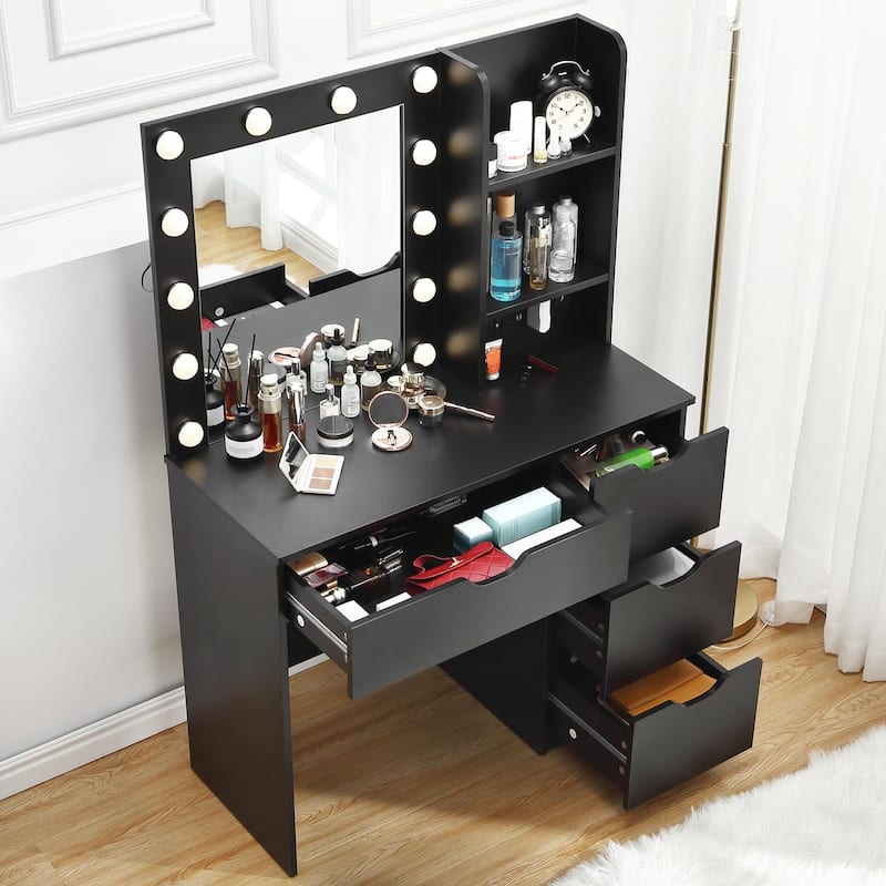 White Makeup Vanity Desk with Mirror and Lights - 15.2"D x 35.4"W x 55.1"H