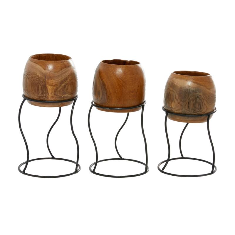 Teak Wood Handmade Planter with Wavy Removable Stand - Set of 3 Brown - Roche River Decor - 6"W x 6"L x 9"H