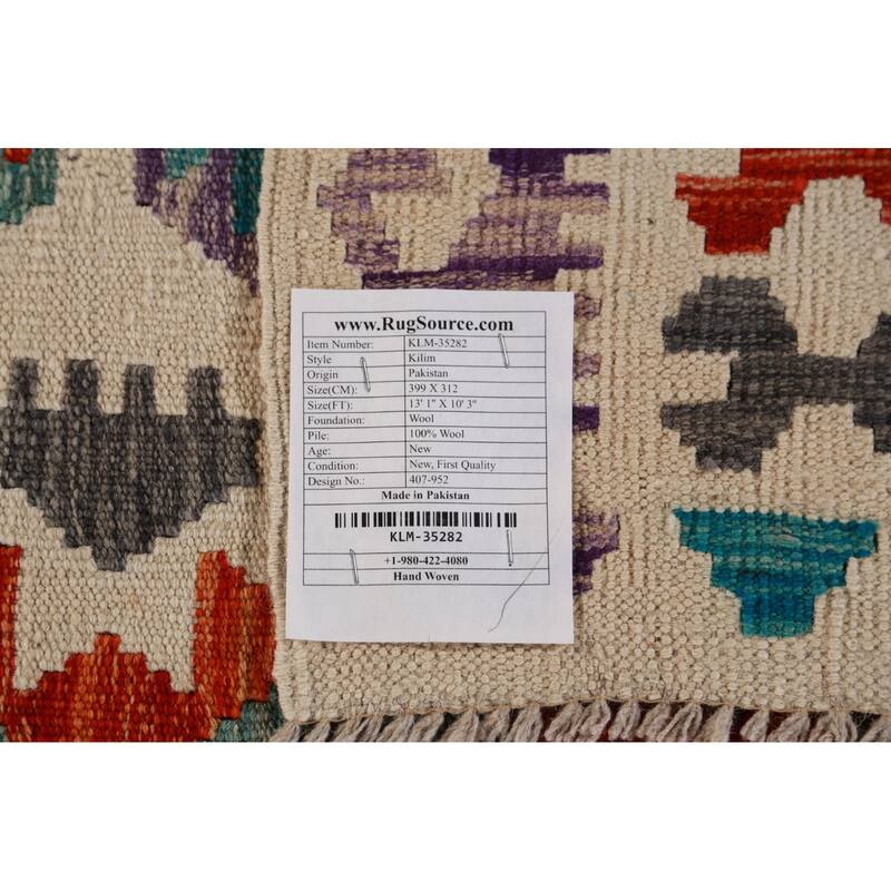 Kilim Oriental Area Rug Hand-Woven Geometric Wool Carpet - 10'3"x 13'1"