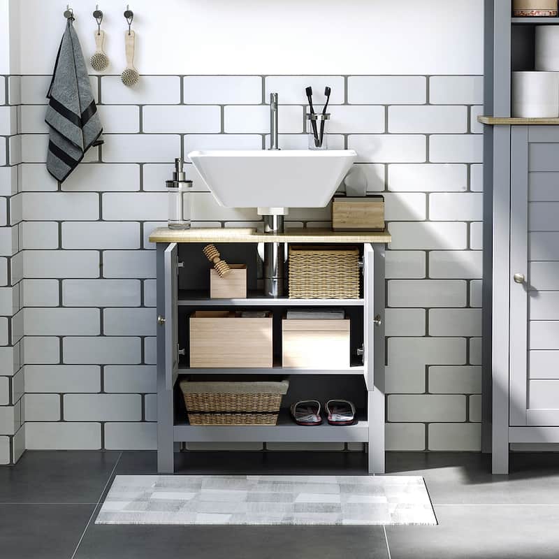 kleankin Bathroom Under Sink Cabinet, Bathroom Vanity Unit, Pedestal Under Sink Design with Adjustable Shelf, Grey