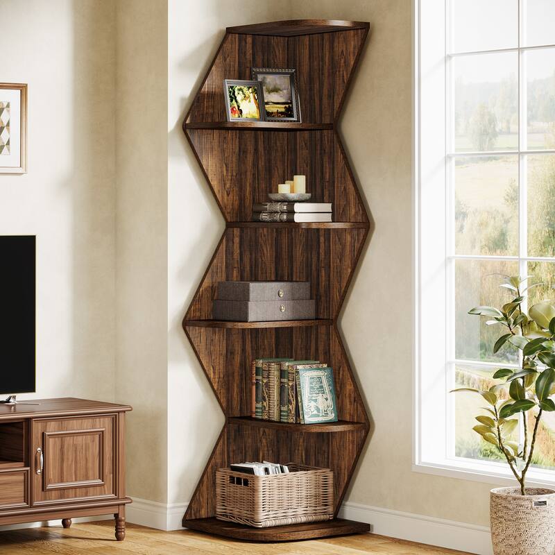 Industrial 5-Tier Corner Shelf Bookshelf with Storage for Living Room - Brown