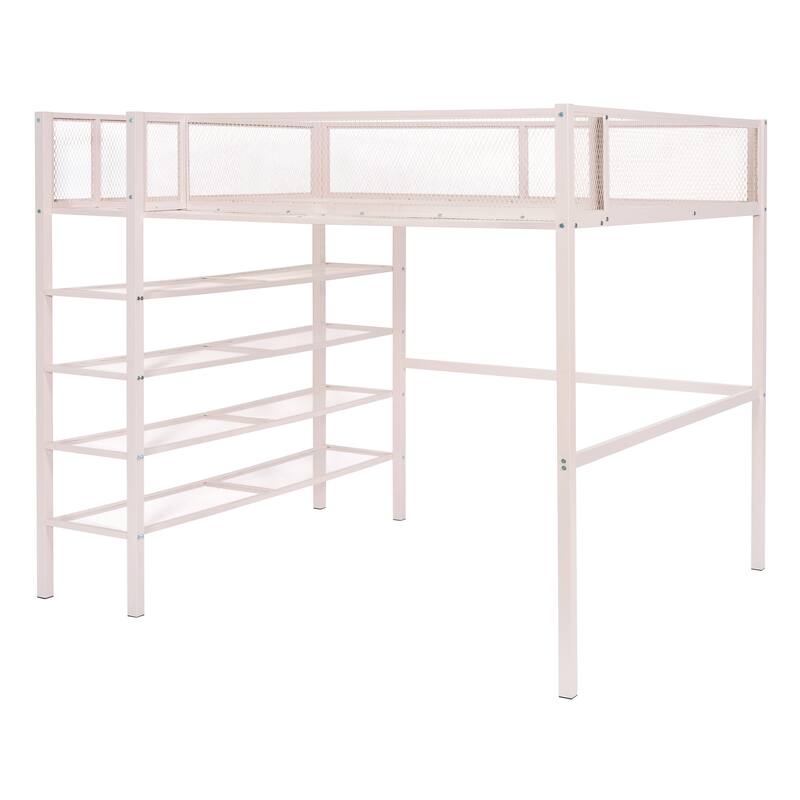Twin/Full Metal Loft Bed with Built-in Desk, Shelves, and Storage, Modern Design