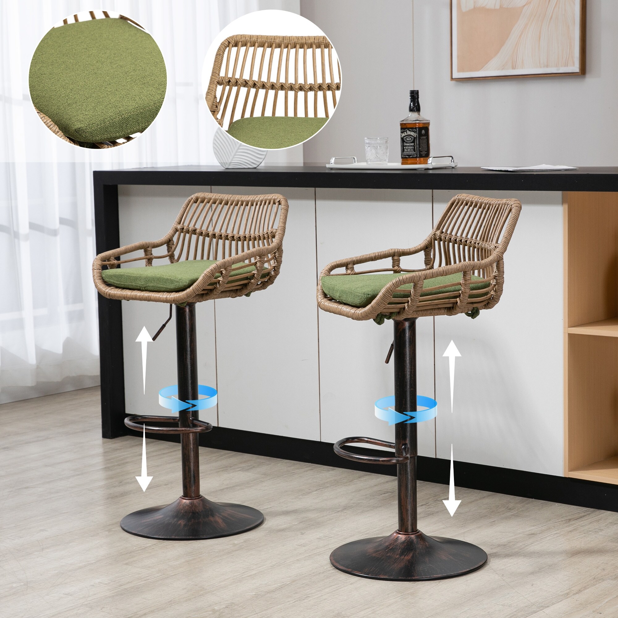 Modern Swivel Bar Stools Set of 2 Adjustable Counter Height Chairs with Footrest for Kitchen, Dining Room