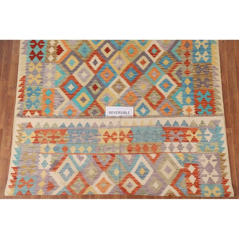 Hand Woven Oriental 100% Wool Carpet Southwestern Geometric Multi-Colored Kilim Area Rug - 9' 6'' X 6' 9''