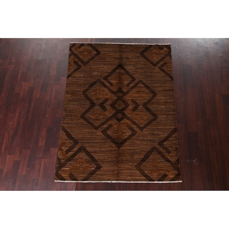 Brown Geometric Gabbeh Persian Area Rug Wool Hand-knotted Foyer Carpet - 4'9" x 6'4"