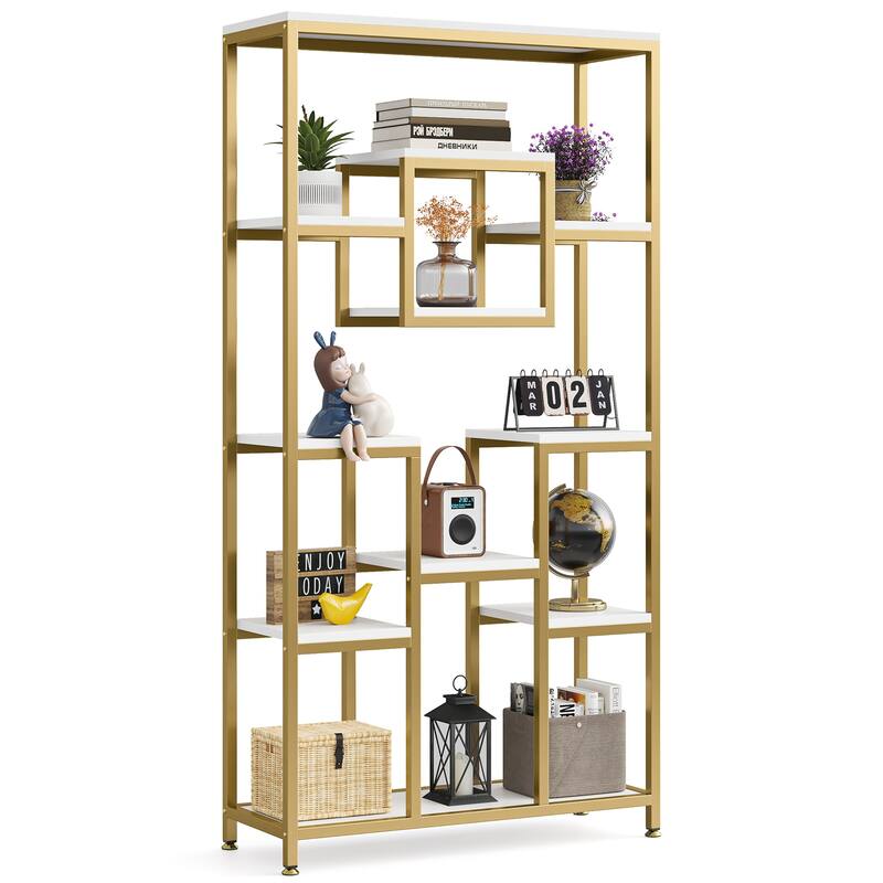 71 Inch Bookcase Bookshelves, Modern White Gold Etagere Bookshelf Display Rack