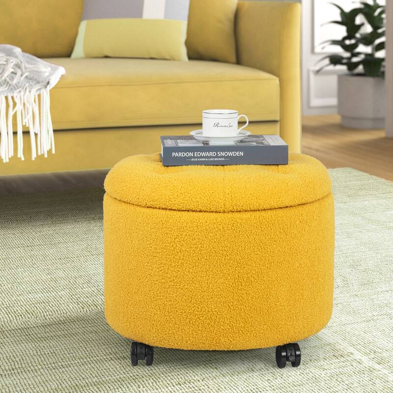 Adeco 20" Wide Button Tufted Round Storage Ottoman with Casters