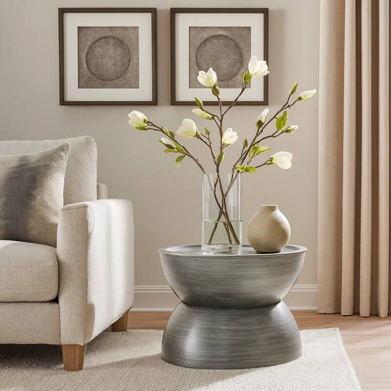 Accent Coffee Table, 25 Inch Hourglass Shape, Gray Hammered Finish