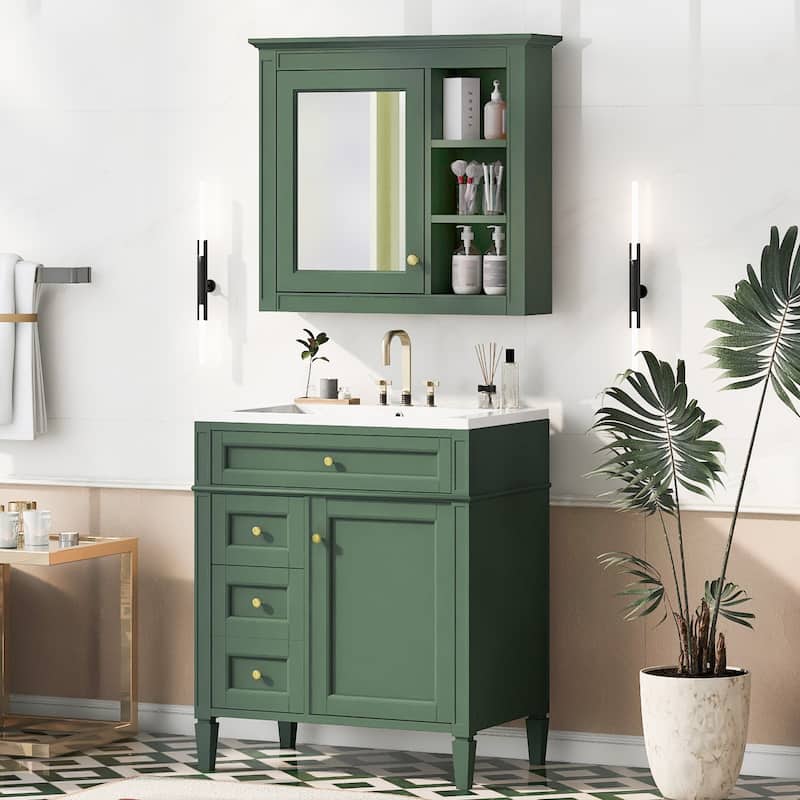 Roomfitters 30" Vanity with Sink, Cabinet with 2 Drawers and Tip-out Tray, Set with Mirror Cabinet, Freestanding Design