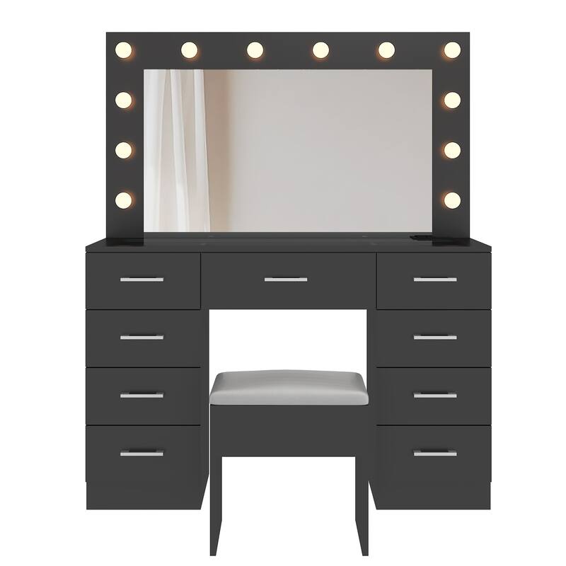Luxury Vanity Desk Set with Lighted Mirror Cushioned Stool 9 Drawers Glass Tabletop and Built in USB Charging Station