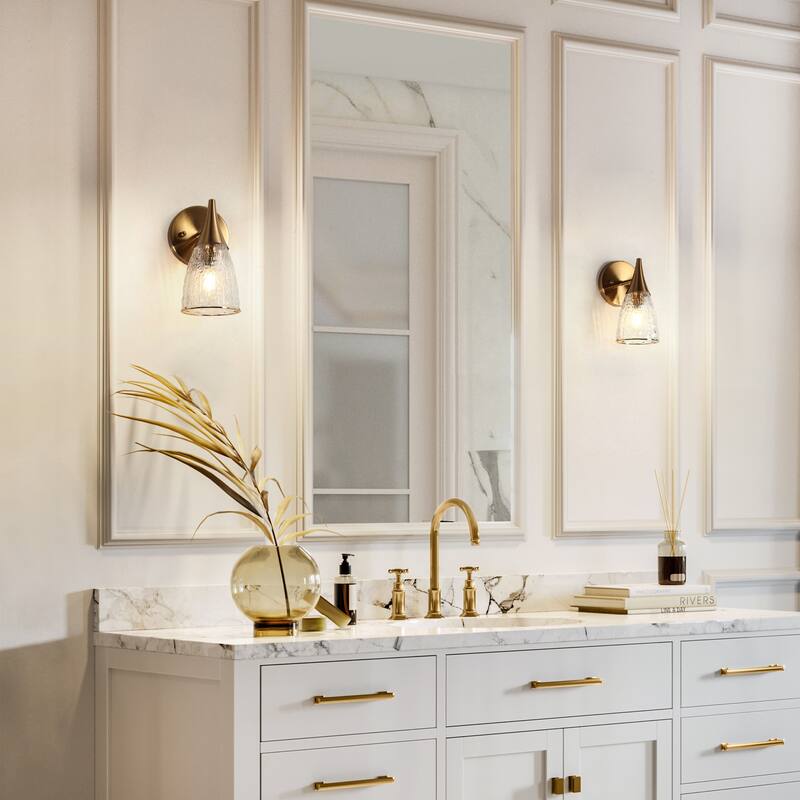 Modern Gold 1-Light Glass Wall Sconces Vanity Light for Bedroom Powder Room Mirror - Electroplated Brass - L8.7"xW4.7"xH6.3"